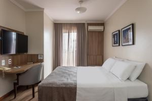 阿雷格里港阿雷格里港千禧蓝树酒店的配有一张床和一张书桌的酒店客房
