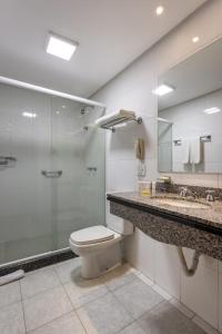 阿雷格里港阿雷格里港千禧蓝树酒店的一间带卫生间和玻璃淋浴间的浴室