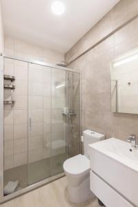 法鲁Faro Guest Apartments的带淋浴、卫生间和盥洗盆的浴室