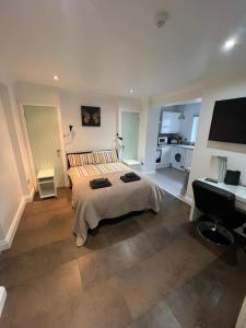 伦敦米尔德梅路公寓的卧室配有床、书桌和钢琴