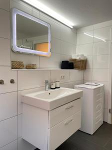 布雷根茨Stylische Wohnung im Herzen von Bregenz mit privatem Parkplatz的白色的浴室设有水槽和镜子