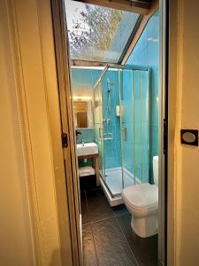 圣塞瓦斯蒂安Hotel Punta Monpas的浴室配有卫生间、淋浴和盥洗盆。