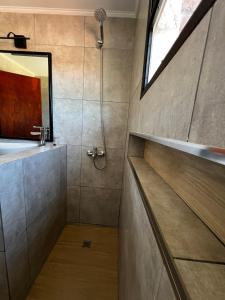 埃博森Travesia Sur Hostel的带淋浴、水槽和镜子的浴室