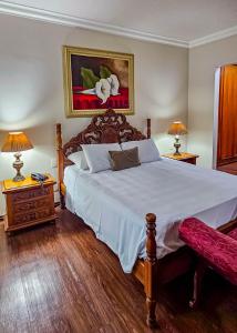 坎皮纳斯Hotel Euro Suite Campinas的一间卧室配有一张大床、两张桌子和两盏灯。