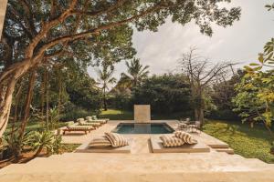 马林迪Bamboo House B&B的花园内带躺椅和椅子的游泳池