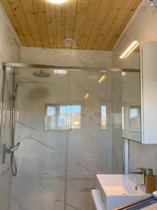 圣巴尔托洛梅Casa Saboa的一间带玻璃淋浴和水槽的浴室
