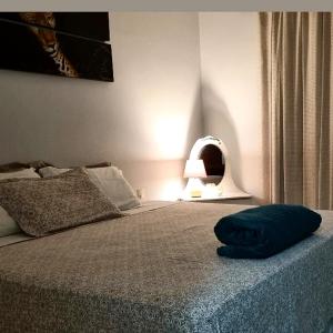 锡诺普Sobrado privativo com suite的一间卧室配有一张带蓝色枕头的床