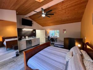 圣地亚哥Guest Suite Torrey Pines Golf, Salk, Scripp, Ucsd的一间卧室配有一张床和吊扇