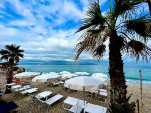 伏罗拉Hotel Tramonto Vlore的海滩上设有白色的椅子和棕榈树