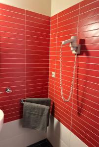 科希策AR GOLDEN HOUSE的浴室设有带淋浴的红色墙壁