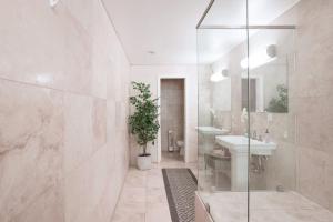 圣地亚哥Architectural Gem La Jolla Oceanview Surf And Golf的带淋浴、盥洗盆和镜子的浴室