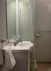 米娜克拉韦罗Hotel Rossetti y Spa的一间带水槽、镜子和淋浴的浴室