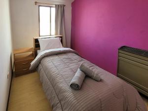 佩里托莫雷诺Hostel Tierra Patagónica的一间卧室配有一张粉红色墙壁的床