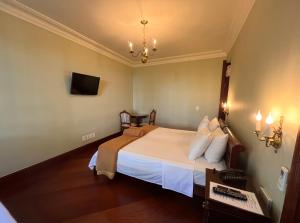 佩德拉阿祖尔阿罗索帕考酒店的一间卧室配有一张床、一张书桌和一台电视