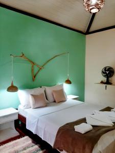 戈亚斯州上帕莱索Pousada Paralelo 14的一间卧室设有两张床和绿色的墙壁