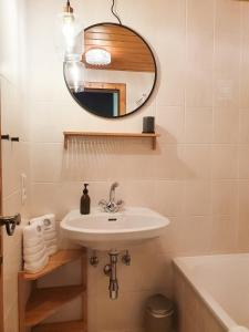 因斯布鲁克Bergsonne Apartment mit Parkplatz的一间带水槽和镜子的浴室