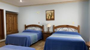 瓦哈卡市Posada Regional的配有蓝色床单的客房内的两张床