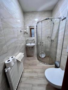 斯维诺乌伊希切Koral Świnoujście的带淋浴、卫生间和盥洗盆的浴室