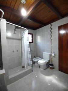 普埃洛湖Cabañas Lamani的浴室配有卫生间和带淋浴的淋浴。