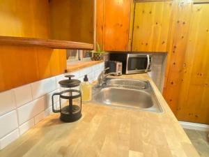 草谷Home Sweet Home in Grass Valley的厨房柜台设有水槽和微波炉