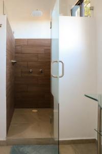 卡尔波镇ValZur Hospedaje: Suite Arces的浴室里设有玻璃门淋浴
