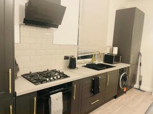 水晶宫Newly Refurbished 1Bedroom 4 mins walk to Crystal Palace Station的厨房配有炉灶和炉灶。 顶部烤箱