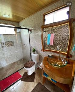 维奥康德马奥Pousada Rancho da Montanha的一间带水槽、卫生间和淋浴的浴室