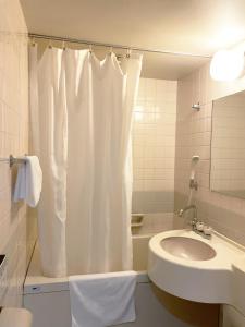 东京Hotel Royal Oak Gotanda的浴室设有白色的淋浴帘和水槽