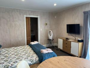 坎布里奇Kotahi Cottage的一间卧室配有一张床和一台平面电视