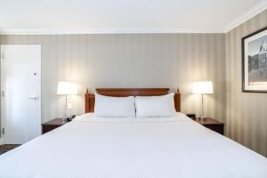 埃德蒙顿Sandman Signature Edmonton Downtown Hotel的一间卧室配有一张带两盏灯的大型白色床。