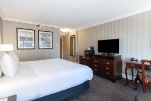 埃德蒙顿Sandman Signature Edmonton Downtown Hotel的配有一张床和一台平面电视的酒店客房