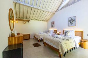 珀尼达岛La Roja Bungalows的一间卧室配有两张床和镜子