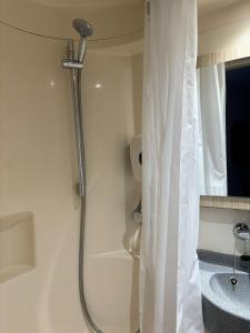 圣热尼普伊普瑞米尔杰内夫圣杰尼普利经典酒店的带淋浴和浴帘的浴室