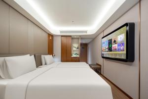 上海上海陆家嘴滨江大道亚朵X酒店的配有一张床和一台平面电视的酒店客房