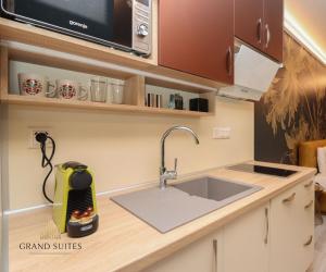 布达佩斯Grand Suites Central的厨房柜台设有水槽和微波炉