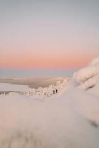 锡尔卡Tunturinlaita D3的两个人站在一座有雪覆盖的山丘上,有湖泊