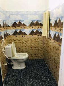 亭可马里Walkers hostel的浴室设有卫生间和金字塔壁画。