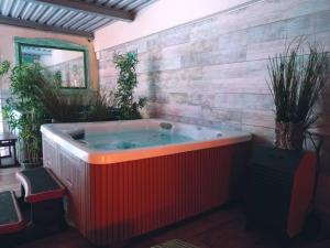 EnterriaApartamentos Rurales & Spa La Bárcena的植物间里的一个大型热水浴缸