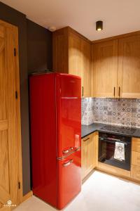 兹维日涅茨Zarębisko - noclegi całoroczne的带木制橱柜的厨房内的红色冰箱