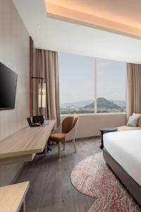 班达楠榜Radisson Lampung Kedaton的配有一张床和一张书桌的酒店客房