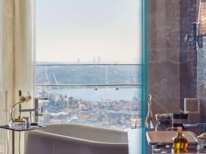伊斯坦布尔伊斯坦布尔莱佛士酒店的带浴缸的浴室和窗户。