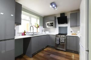朴次茅斯Spacious 4-Bed Family House的厨房配有灰色橱柜、水槽和炉灶。