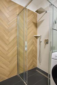 塞格德Sunlight Silver Plus Szeged - Exclusive的带淋浴的浴室(带木墙)