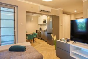 塞格德Sunlight Silver Plus Szeged - Exclusive的一间带大电视和厨房的客厅