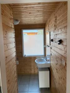 德兰斯克Bungalow WALD & SAND direkt am Strand的一间带水槽和窗户的浴室