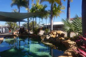 艾尔Country Ayr Motel的一个带喷泉和棕榈树的游泳池