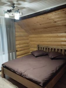 皮利佩齐Садиба у Пасічника的木墙客房的一张床位
