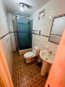 伊基克Hotel Casa del profesor Iquique的浴室配有卫生间、淋浴和盥洗盆。