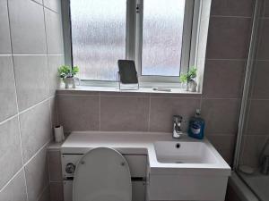 HornchurchCosy Spacious 2 bed flat Hornchurch high street的一间带卫生间、水槽和窗户的浴室