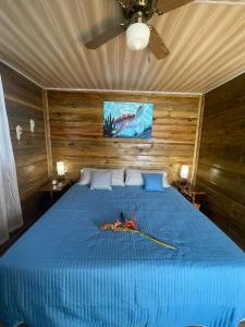 博卡斯德尔托罗Ponci’s Gate to Gaia Holistic Center的一间卧室设有一张蓝色的床和天花板
